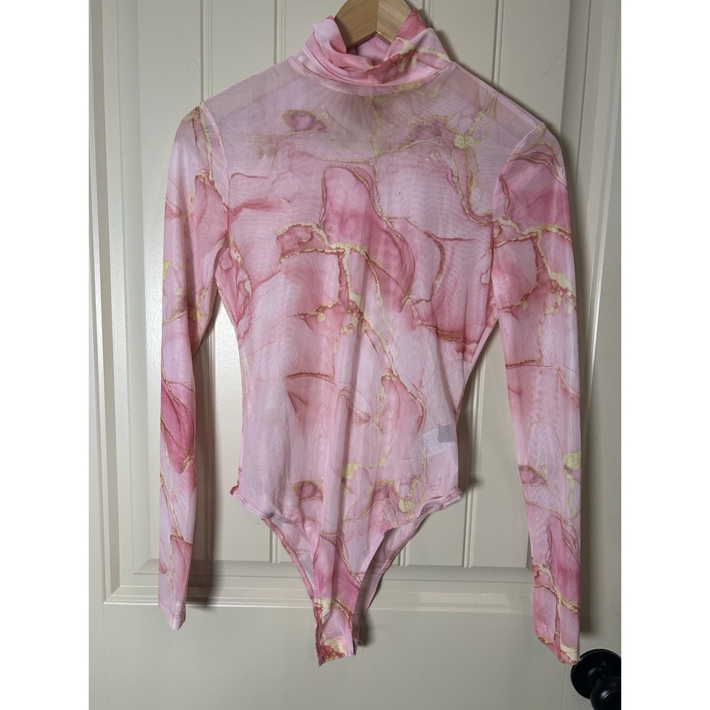 Women's Marble Turtleneck Bodysuit Pink Gold Size Sm Mesh Festival LongSleeve